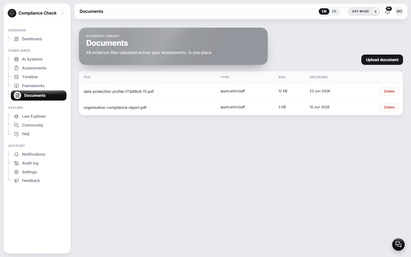 Die Nachweisbibliothek mit hochgeladenen Compliance-Dateien, Typ, Groesse und Uploaddatum